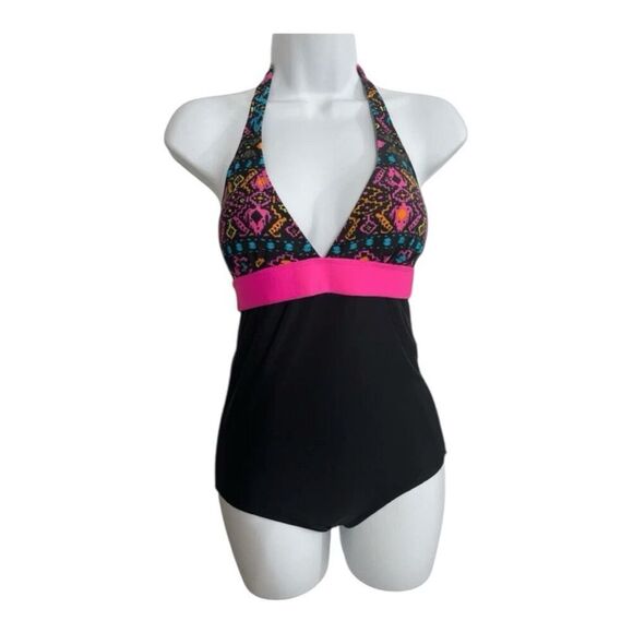 Sunshine Zone Halter Deep V-Neck One Piece Swimsuit Size M Black Pink Printed - Picture 1 of 11